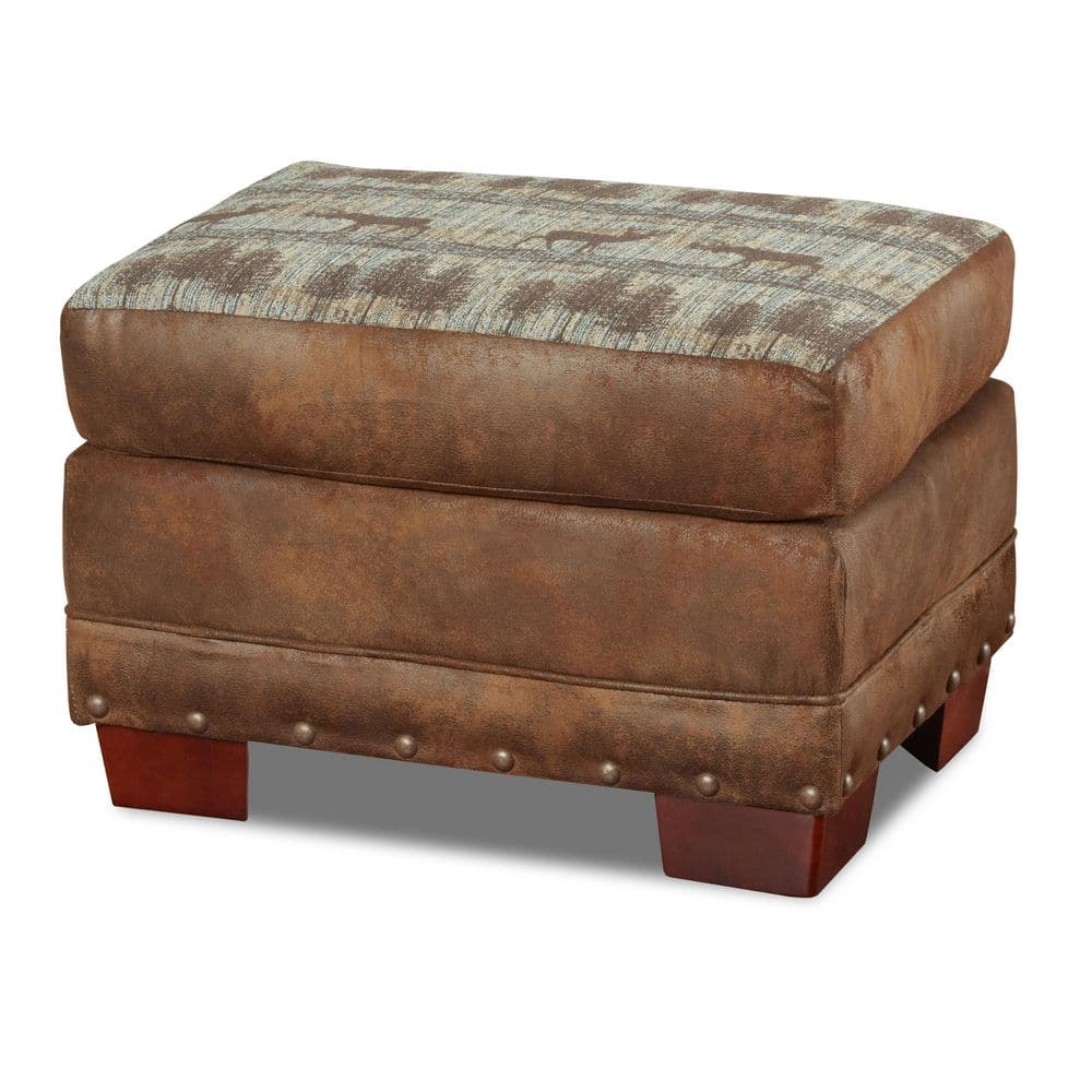 Teal and Brown Tapestry Lodge Ottoman with Wood Legs