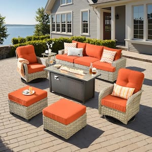 Kelleys 9-Piece Wicker Modern Outdoor Patio Fire Pit Conversation Sofa Set with Swivel Chairs and Orange Red Cushions