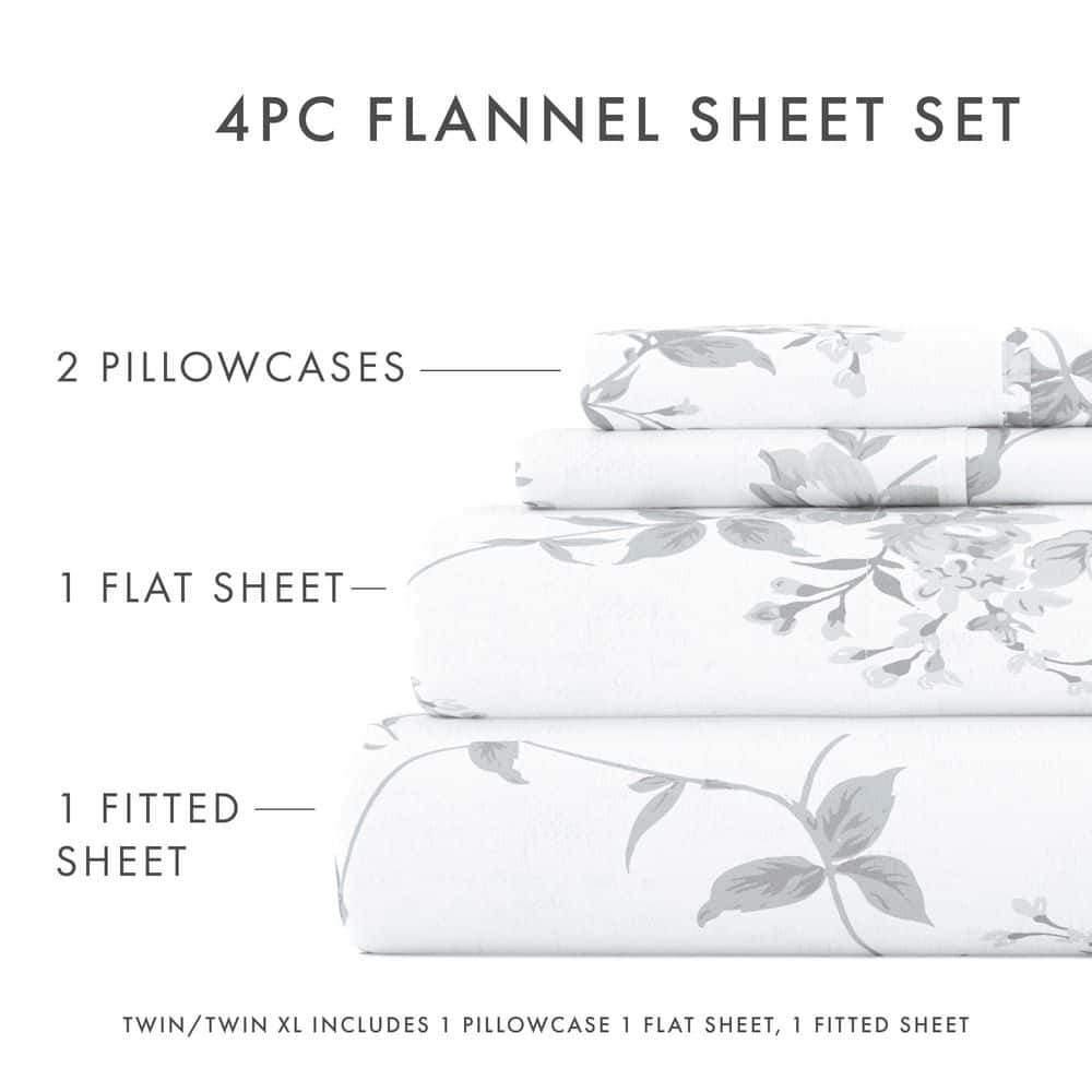 Gray Floral Cotton Flannel Queen Deep Pocket Sheet Set