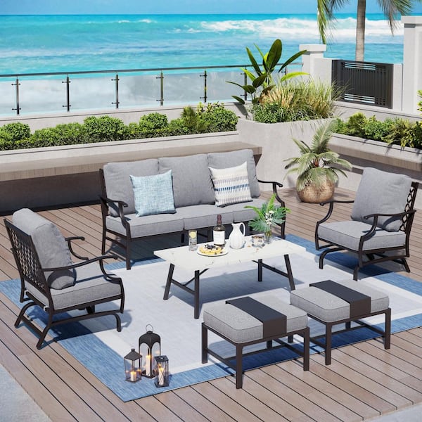 PHI VILLA Black Meshed 7-Seat 6-Piece Metal Outdoor Patio Conversation Set with Gray Cushions and Table with Marble Pattern Top