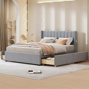 Gray Wood Frame Queen Size Velvet Upholstered Platform Bed with 4 Drawers, Tufted Headboard with Storage Pocket
