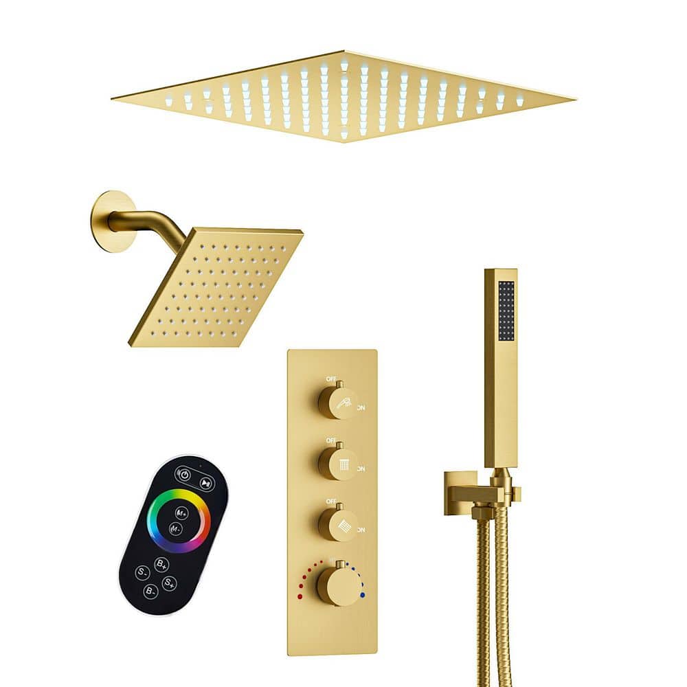 3-Handle 5-Spray Ceiling Mount Dual Fixed and Handheld Shower Head 2.5GPM with LED in Brushed Gold Valve Included price history on PriceWatchPro
