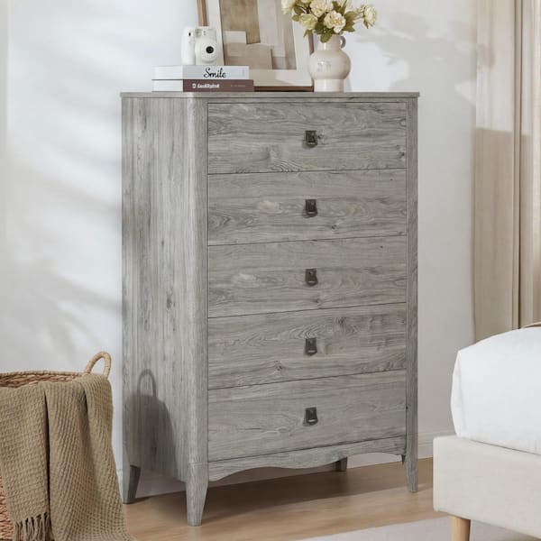 grey tall dresser Qeetex 5 for Bedroom - 50 Inch Dresser - Freestanding Vertical Drawer with Storage - Wooden Closet Chest Storage for Living Room/Hallway/Entryway With its four spacious drawers 5 Drawer Tall Dresser for