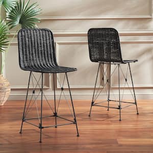 Minerva 37.4 in. H Black/Black Metal Bar Stool with Rattan Seat Set of 2