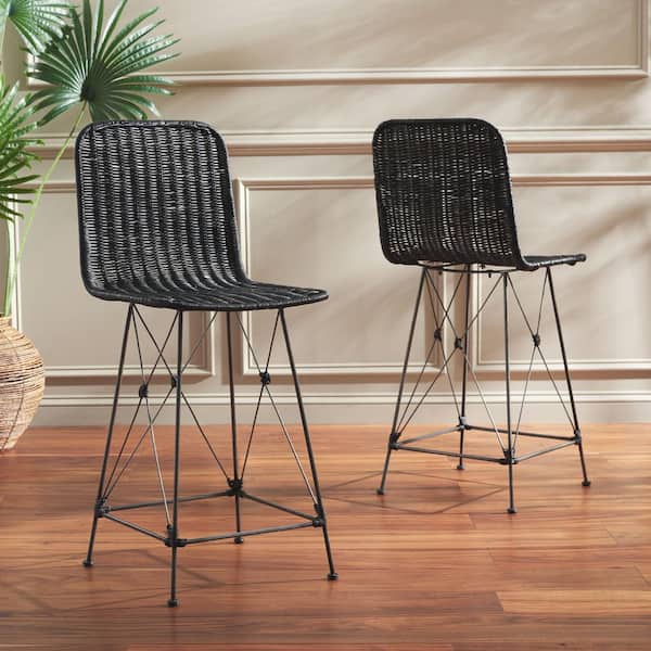 Minerva 37.4 in. H Black/Black Metal Bar Stool with Rattan Seat Set of 2