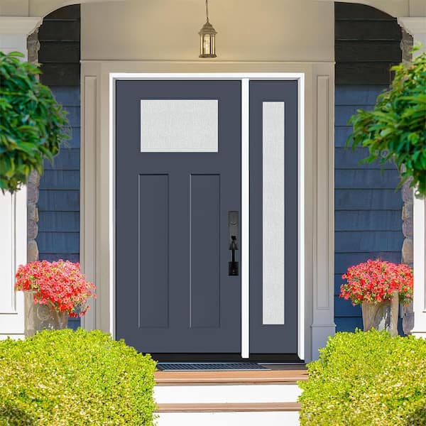 Legacy 51 in. x 80 in. 1/4 Toplite Rain Glass LHIS Primed Dark Denim Finish Fiberglass Prehung Front Door w/12 in. SL