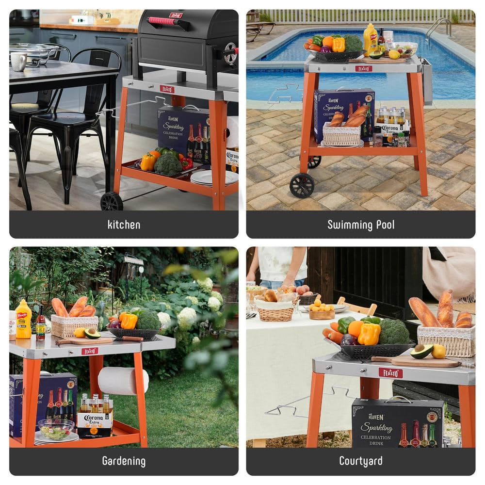 Orange Stainless Steel Outdoor Grill Table Cart with Wheels