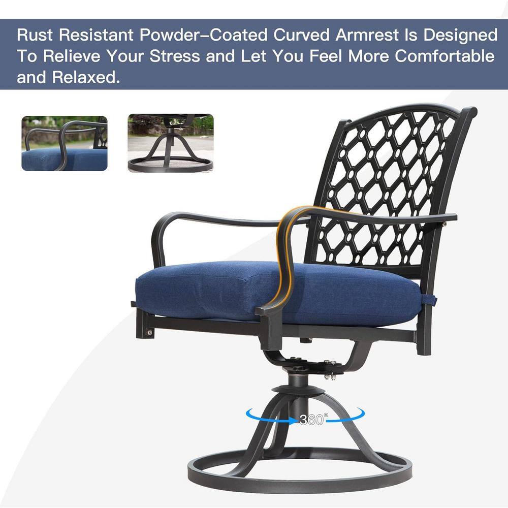 7-Piece Dark Brown Steel Outdoor Dining Set with Navy Blue Cushions