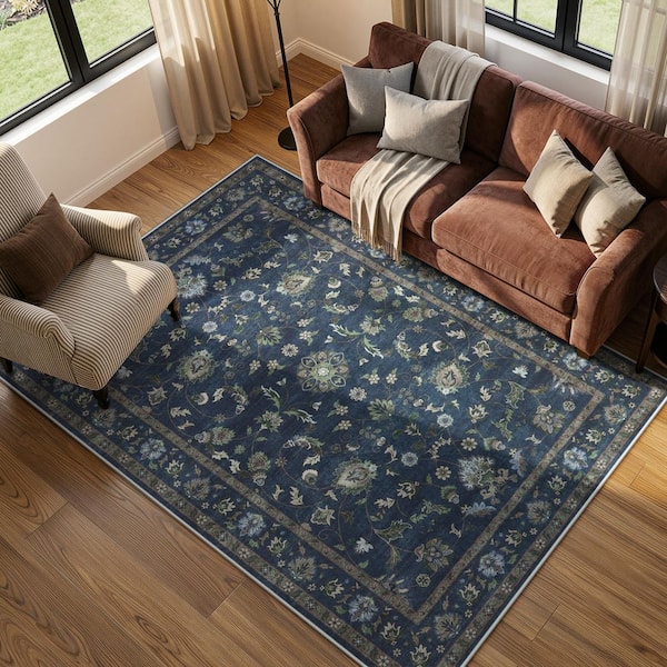 Vintage Floral Vine Washable Non-Slip Blue 5 ft. x 7 ft. Area Rug