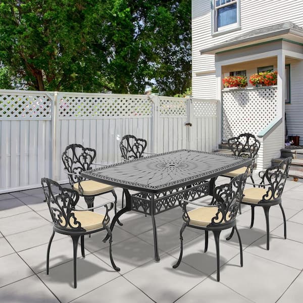 Willit Lily Black 7-Piece Cast Aluminum Outdoor Dining Set with Rectangle Table and Dining Chairs with Random Color Cushion