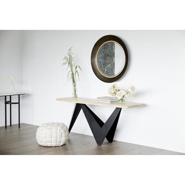 Reagan 68 in. Natural Finish Rectangle Oak Wood Console Table with Sculpted Iron Base