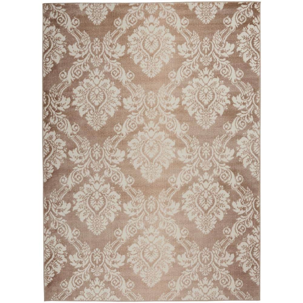 Ivory Mocha Floral Elegance 5' x 7' Easy-Care Synthetic Area Rug