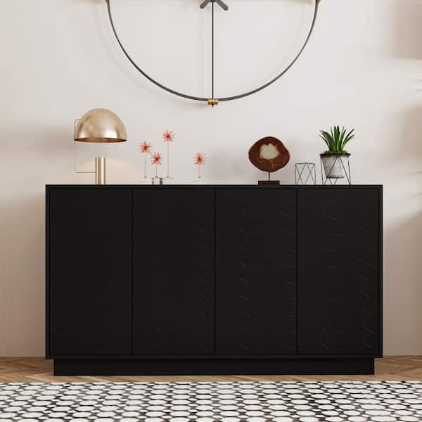 FUFU&GAGA Black 31.5 in. H Accent Cabinet, Office Storage Cabinet, Sideboard, Bookcase with 4-Shelf and 4 Wave Line Doors