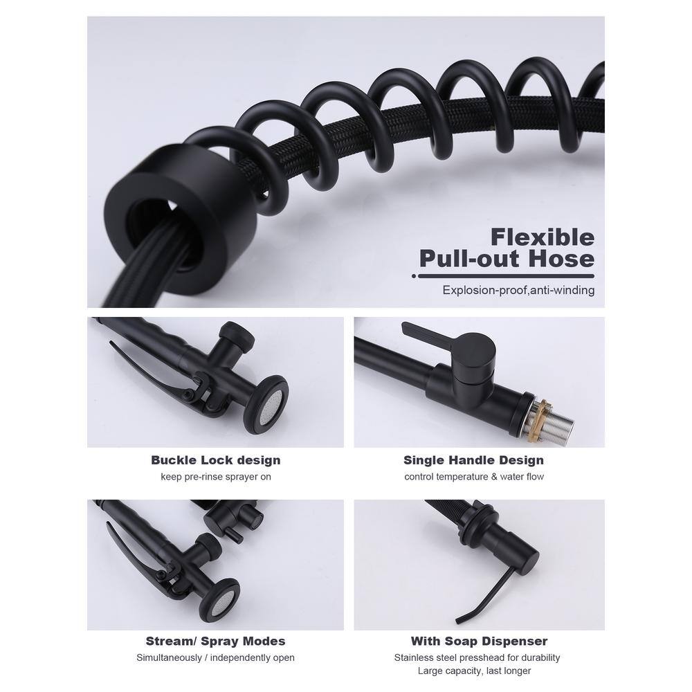 Matte Black Commercial Single-Handle Pull Down Kitchen Faucet with Soap Dispenser