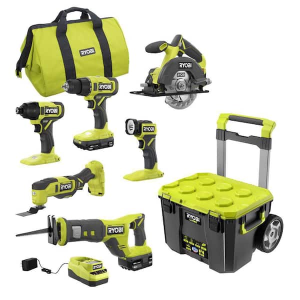 RYOBI ONE+ 18V Cordless 6-Tool Combo Kit with 1.5 Ah Battery, 4.0 Ah Battery, Charger, and LINK Rolling Tool Box