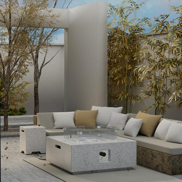 Cesicia 35 in. 50,000 BTU Reinforced Concrete Square Outdoor Fire Pit Table with Glass Wind Guard, Glass Stones, Tank Cover