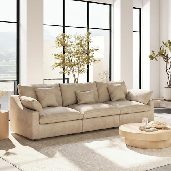 119 in. Square Arm Plush Linen 3-Piece Comfy Couch Deep Seat Cloud Modular Sectional Sofa with Washable Covers in Khaki