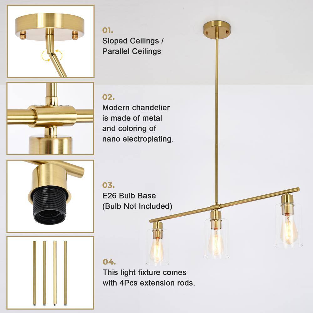 Gold Linear 3-Light Pendant with Clear Glass Shades