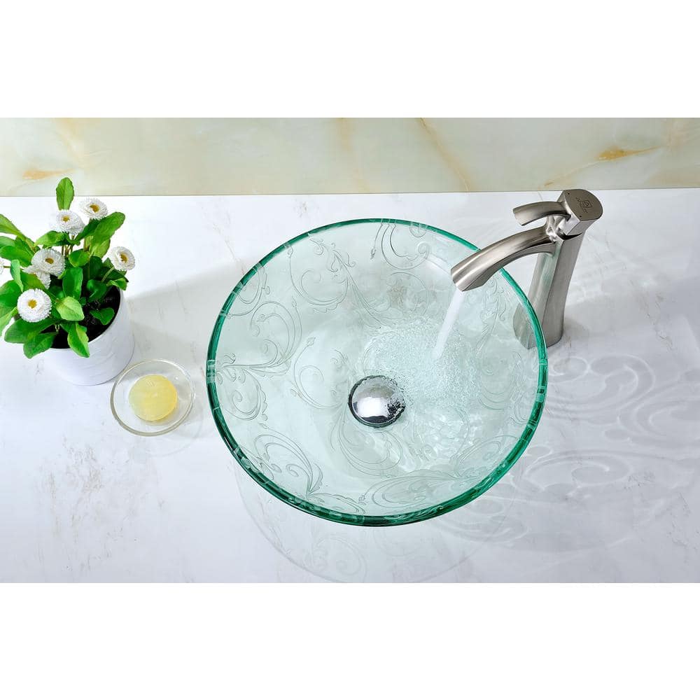 Vieno 16.5'' Clear Floral Etched Glass Vessel Sink