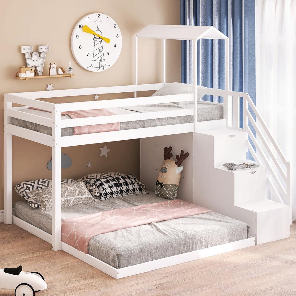 Angel Sar White Wood Twin over Full Bunk Bed with Staircase and Shelves ...