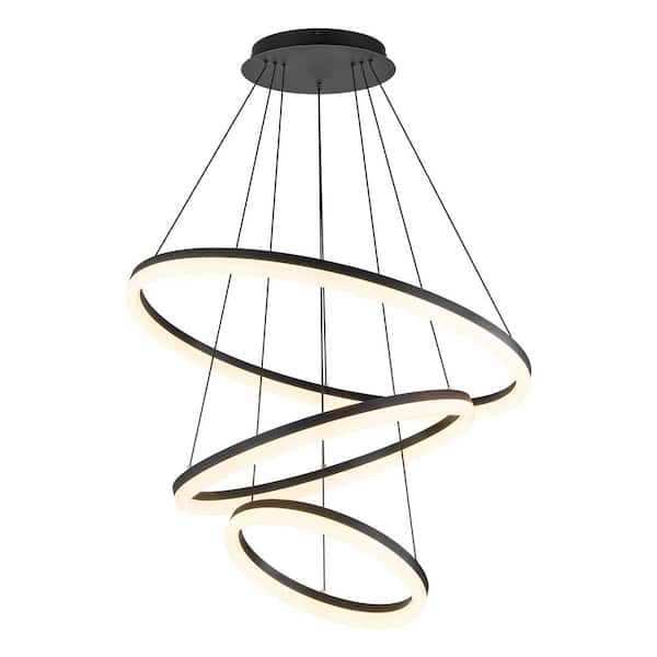 RRTYO Lynde 31.4 in. 3-Light Integrated LED Black 3 Tiered Ring Unique Modern Chandelier Ceiling Light for Living/Dining Room