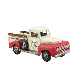 Vintage Style Iron Pickup Truck in Antique White & Red