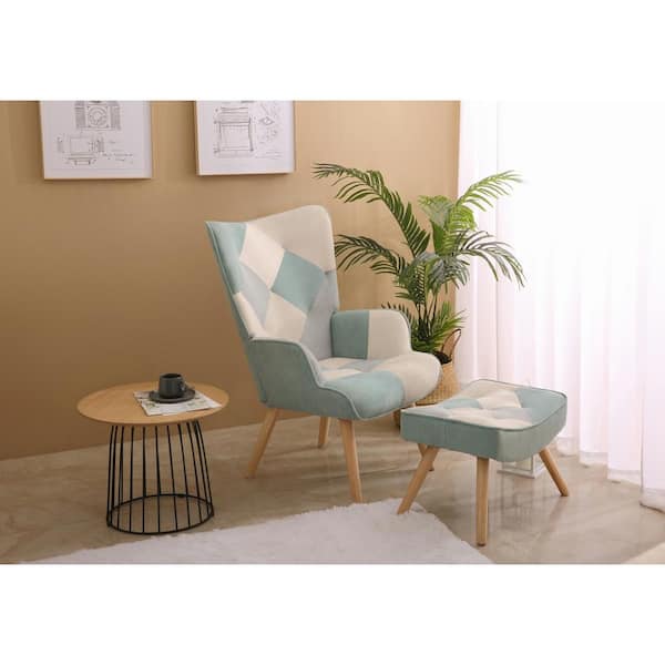 Unbranded Blue Splicing Cloth Surface Chair with Ottoman, Living Room Chair and Ottoman Set, Comfy Side Armchair for Bedroom