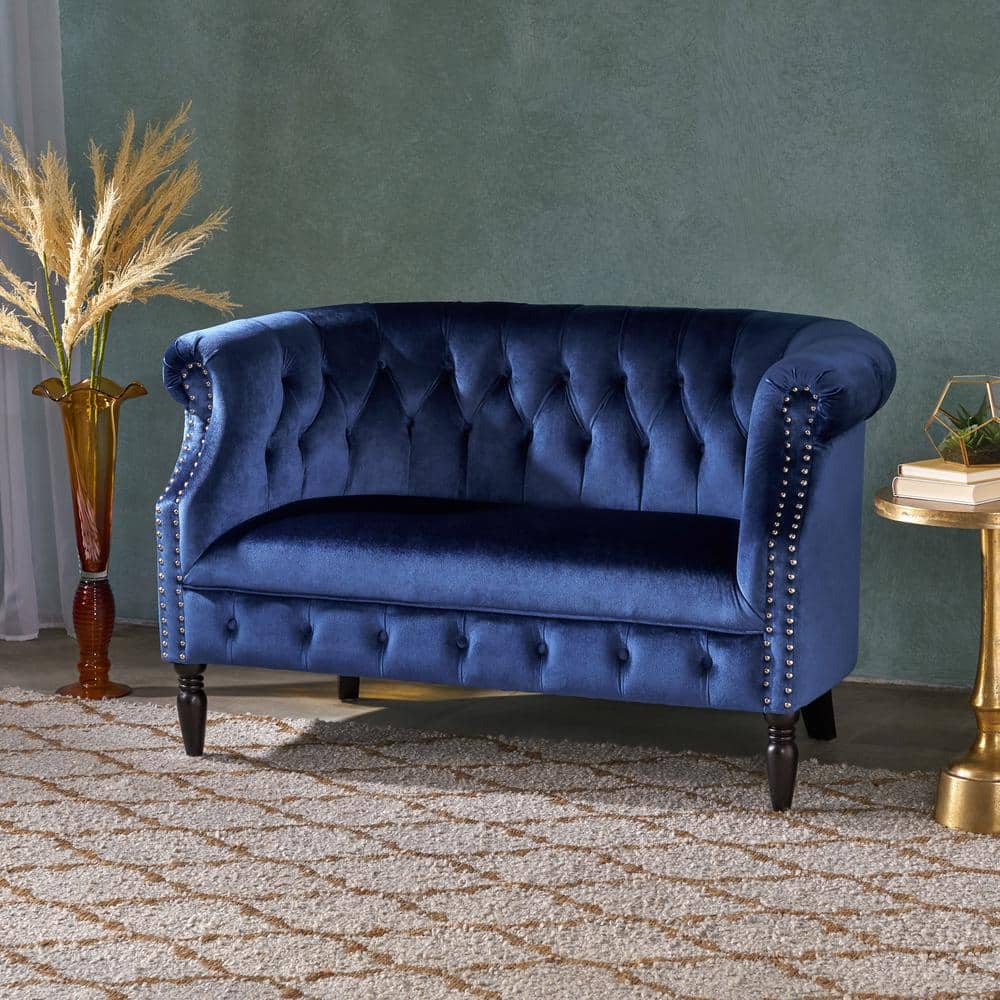 Elegant Navy Blue Velvet Chesterfield Loveseat with Nailhead Accents