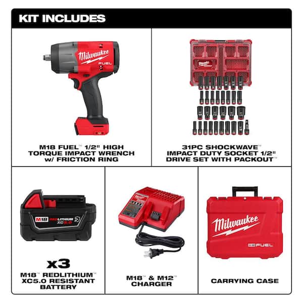 M18 FUEL 18V High Torque 1/2 in. Impact Wrench Kit with 5. 0Ah Battery with 1/2 in 31-Pc Metric/SAE Deep PACKOUT Sockets