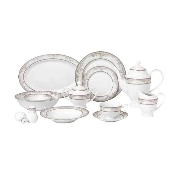 Lorren Home Trends 57-Piece Patterned Silver Accent Bone China Dinnerware Set (Service for 8)