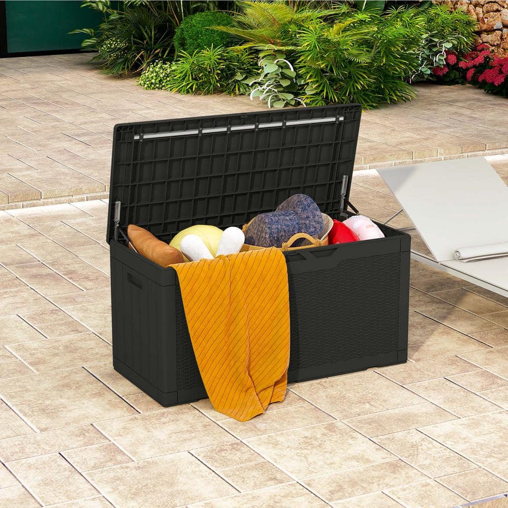 Black Polypropylene Wicker Lockable Deck Box, 100 Gallon