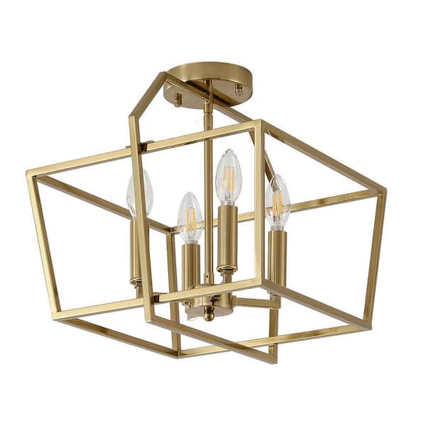 Modern 15 in. 4-Light Gold Geometric Metal Semi-Flush Mount Ceiling Light for Entryway with No Bulb Included