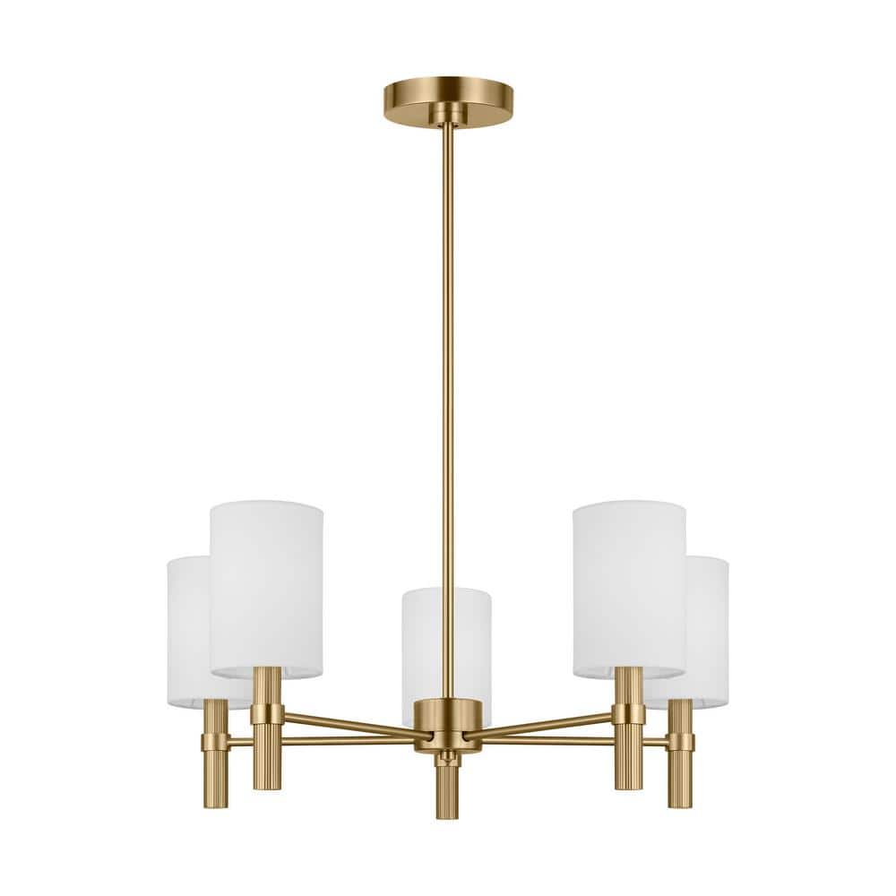 Satin Brass 5-Light Chandelier with White Linen Shades
