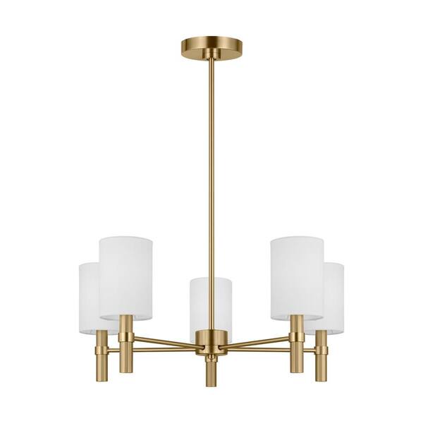 SCOTT LIVING - Manor 5-Light Satin Brass Medium Chandelier with White Linen Fabric Shades and No Bulbs Included