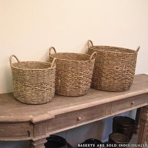 Set of Ten Wooden Round Baskets Woven Pine with Handle Hand-Made 