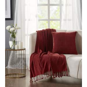 Enrich Collection Burgundy 100% Polyester 50 in. x 60 in. Throw and 18 in. x 18 in. Square Decorative Pillow