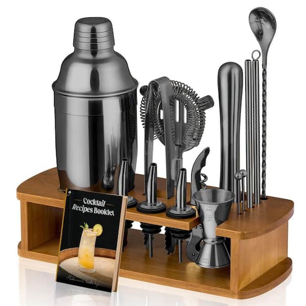 17-Piece Black Stainless Steel Bar and Beverage Accessories Cocktail Shaker Set with Stand for Home Bar Party Mixing