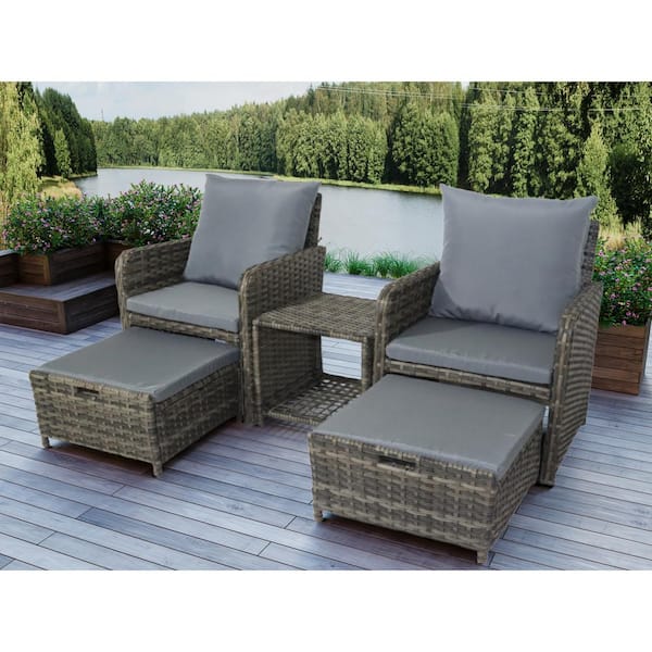 Uixe 5 Pieces Wicker Patio Furniture Set Chairs with Ottomans Conversation with Coffetable Grey Cushion and Brown Rattan