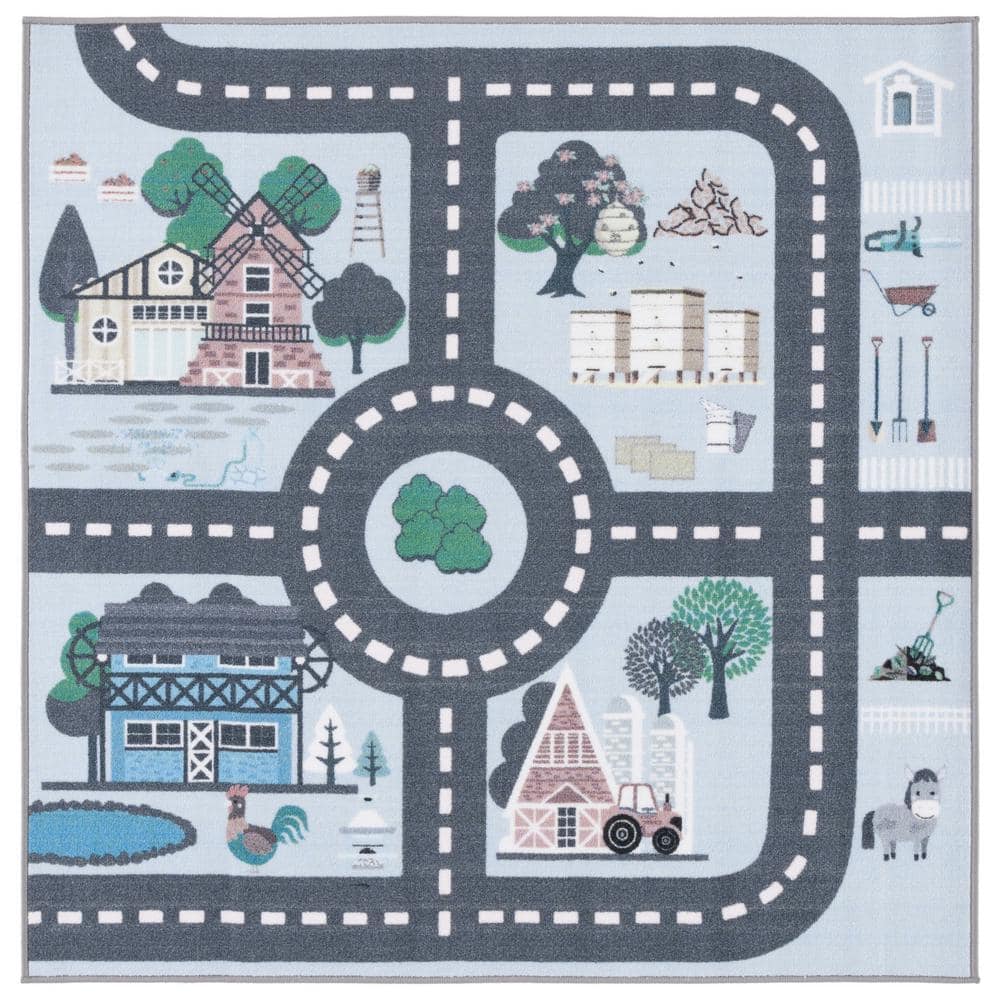 Blue and Dark Grey Square Kids Playhouse Area Rug