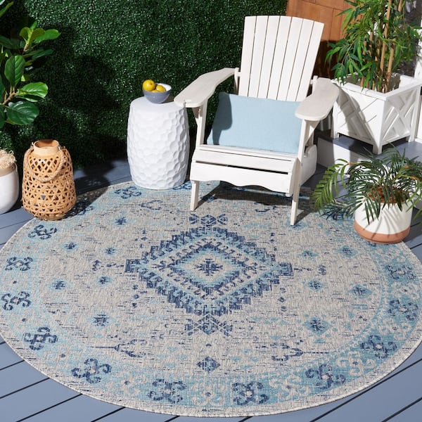 Courtyard Light Gray/Blue 7 ft. x 7 ft. Border Aztec Medallion Indoor/Outdoor Round Area Rug