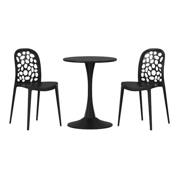 Frond and Form Outdoor Patio Modern 3-Piece Round HDPE Plastic Bistro Dining Set with Stackable Chairs, Black