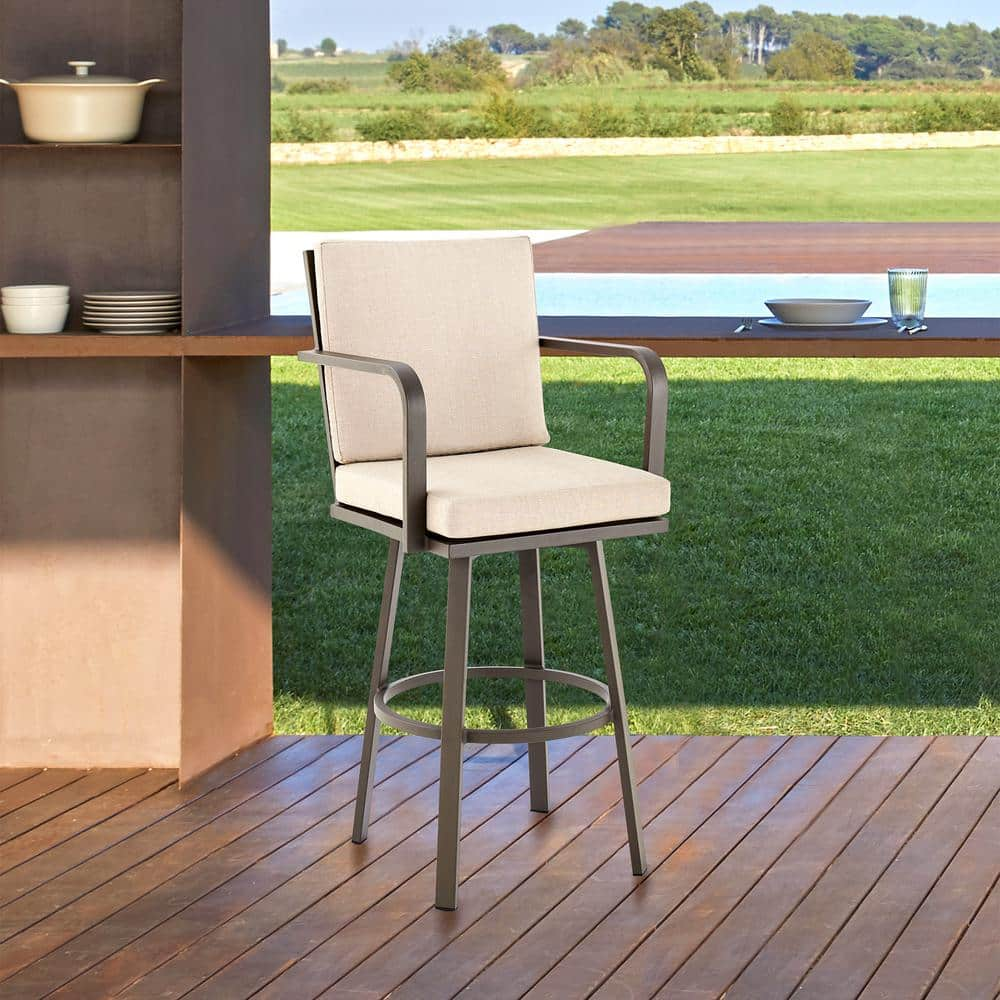 Armen Living Don Swivel Aluminum Outdoor Bar Stool with Brown Cushion