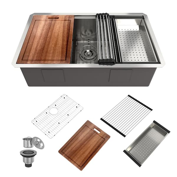CASAINC 32 in. Undermount Single Bowl 18 Gauge Brushed Stainless Steel Workstation Kitchen Sink with Sliding-Accessories