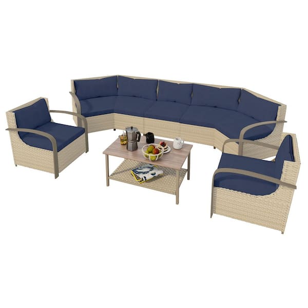 6-Piece Rattan Wicker Outdoor Sectional Set Curved Conversation Set with Blue Cushions