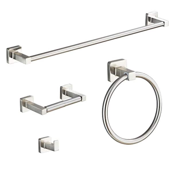 4-Piece Bathroom Hardware Set with Hand Towel Bar, Towel Ring, Robe Towel Hooks, Toilet Paper Holder in Brushed Nickel