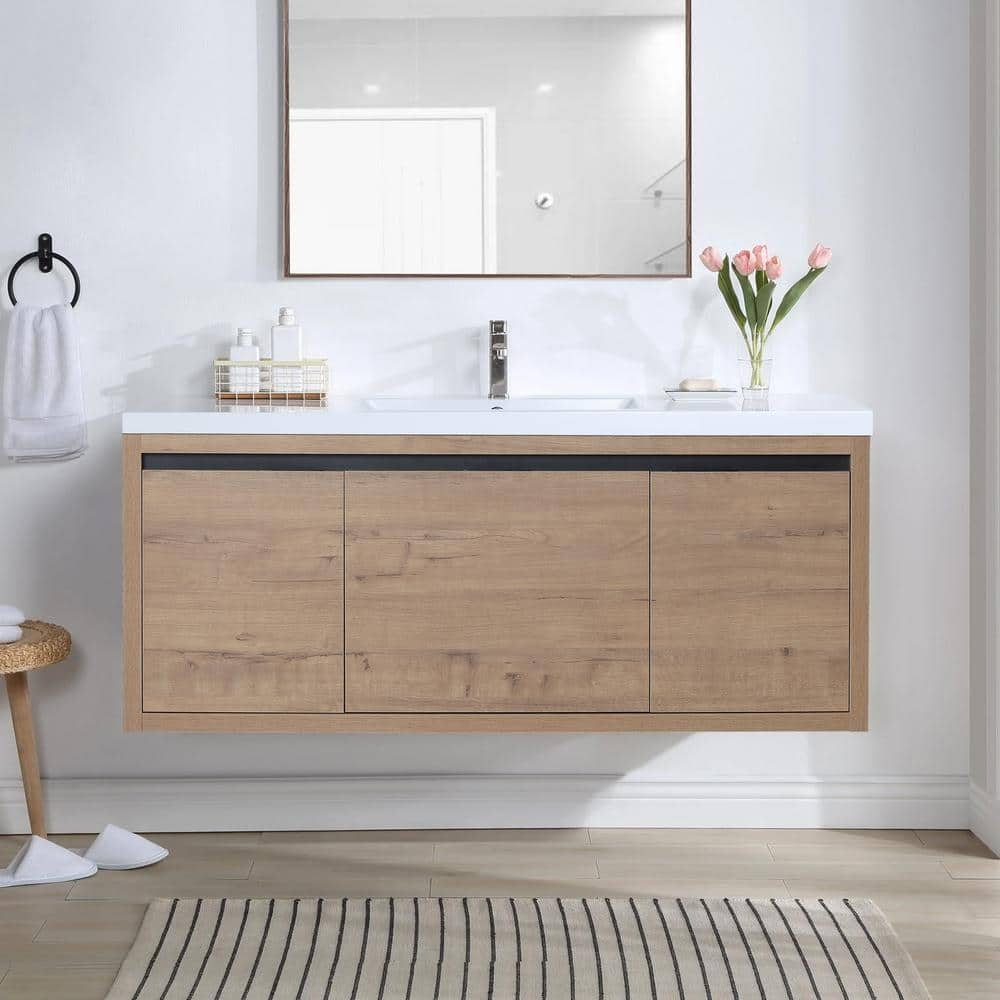 White Oak Floating Bathroom Storage Cabinet With Sliding Doors 