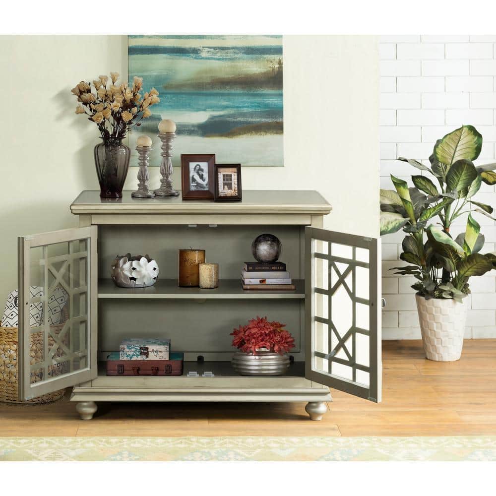 Parisian Antique Market Inspired 38" TV Stand with Trellis Glass Doors, Antique Silver