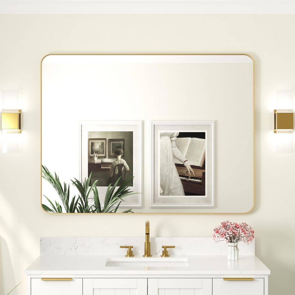 BELLA 48 in. W. x 36 in. H Rectangular Aluminum Framed Wall-Mounted Bathroom Vanity Mirror in Brushed Gold price history on PriceWatchPro