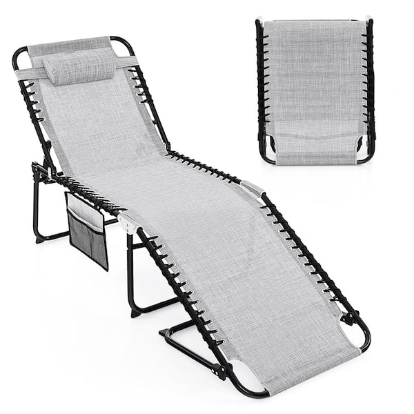 Costway Folding Metal Outdoor Lounge Chair 16 in. H Recline Chair with Adjustable Backrest and Footrest Gray