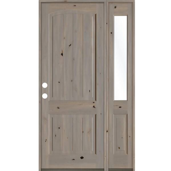 Krosswood Doors 44 in. x 96 in. Rustic Knotty Alder 2 Panel Right-Hand/Inswing Clear Glass Grey Stain Wood Prehung Front Door with RHSL
